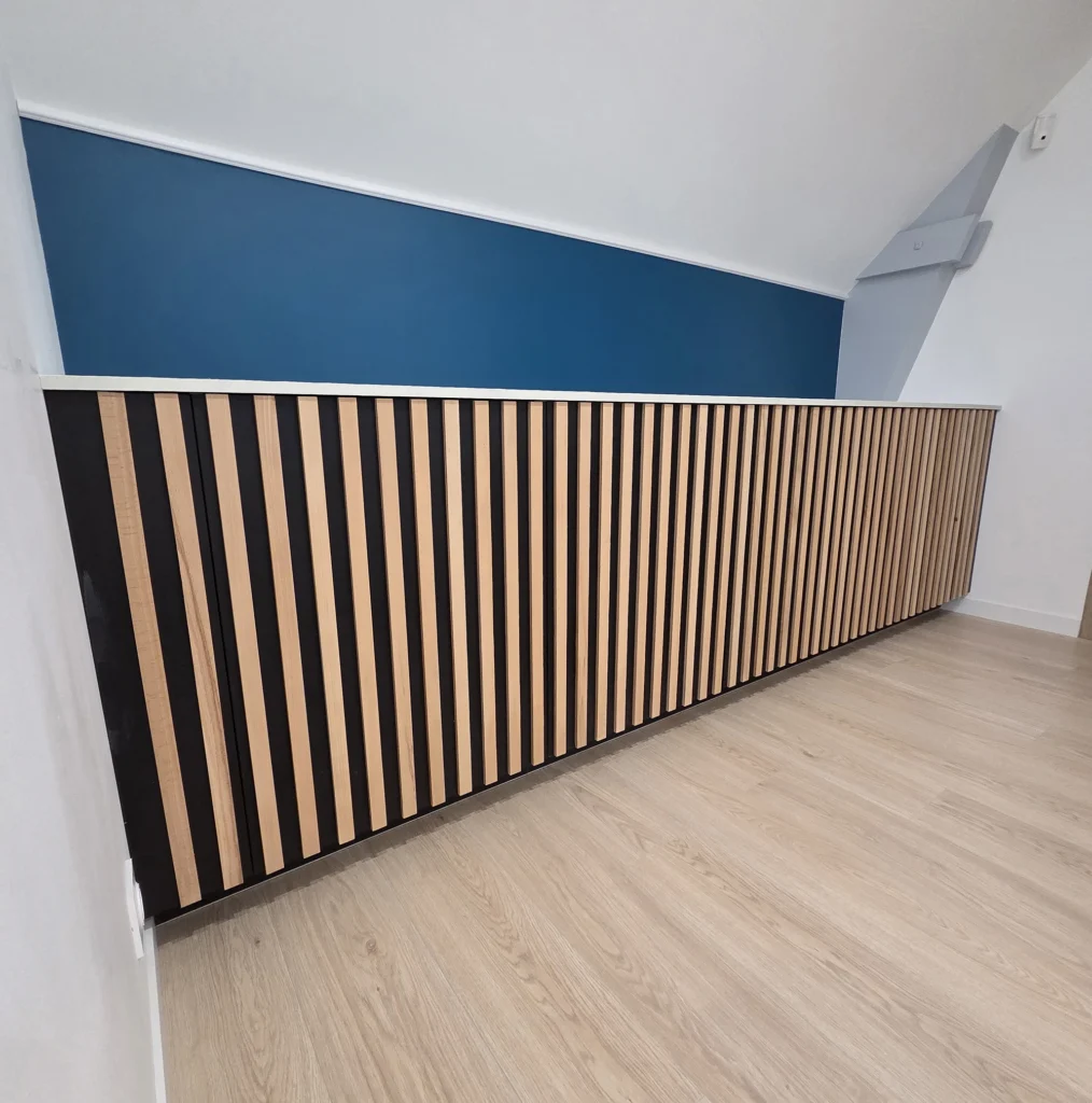 2026 meuble couloir design lineaire ensemble ferme lame de bois verticale