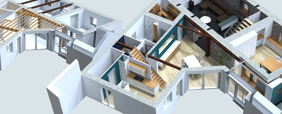 Vue 3d maison renovation conception espace interieur