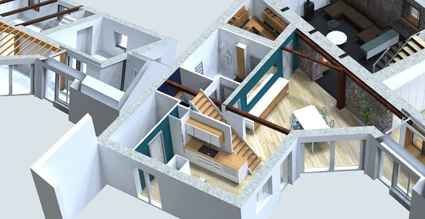 Vue 3d maison renovation conception espace interieur