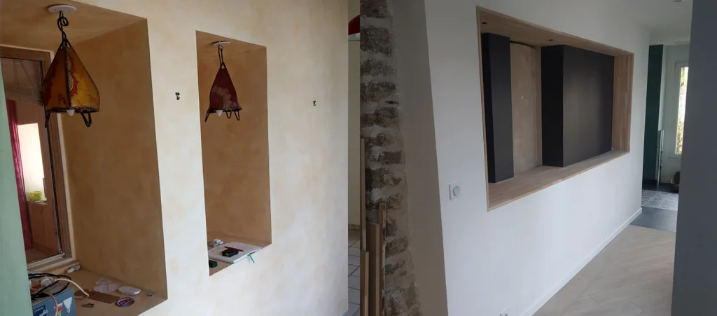 Photo avant apres Renovation du couloir avec niche en chene